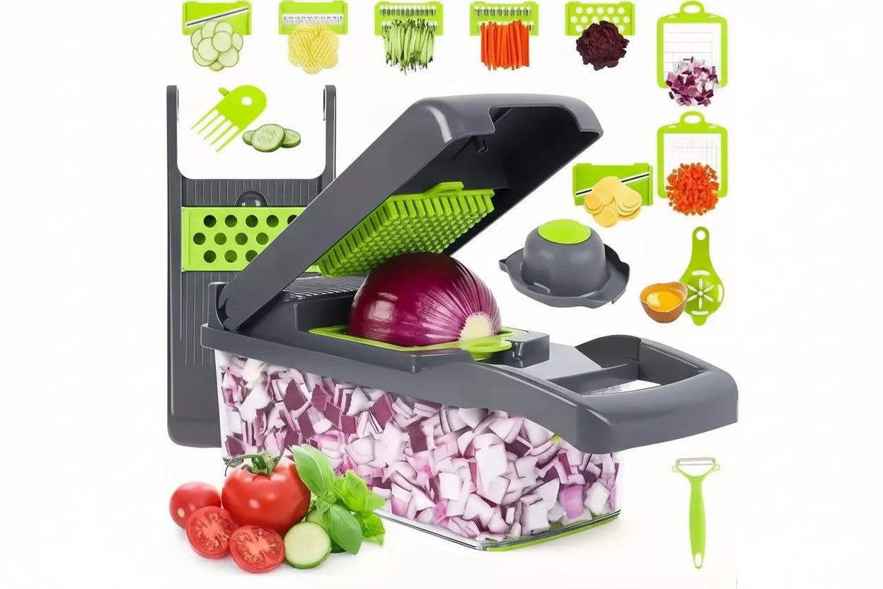 Vegetable chopper with chopped onions and various vegetables on a white background