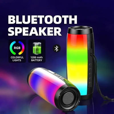 Colorful Bluetooth speaker with RGB lighting and 1200 mAh battery on a dark background