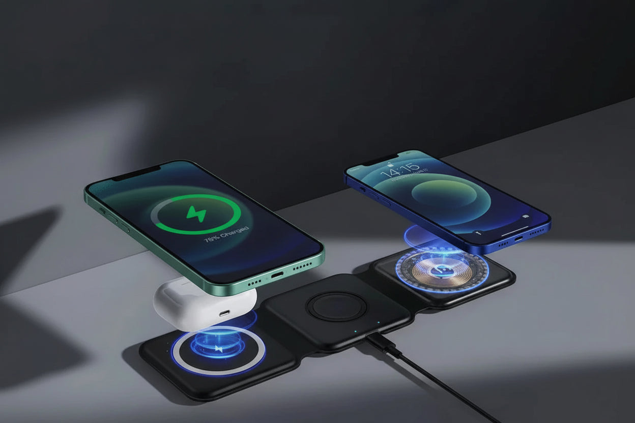 Wireless charging pad with built-in powerful magnet and precise positioning feature, compatible with Apple 12 series.