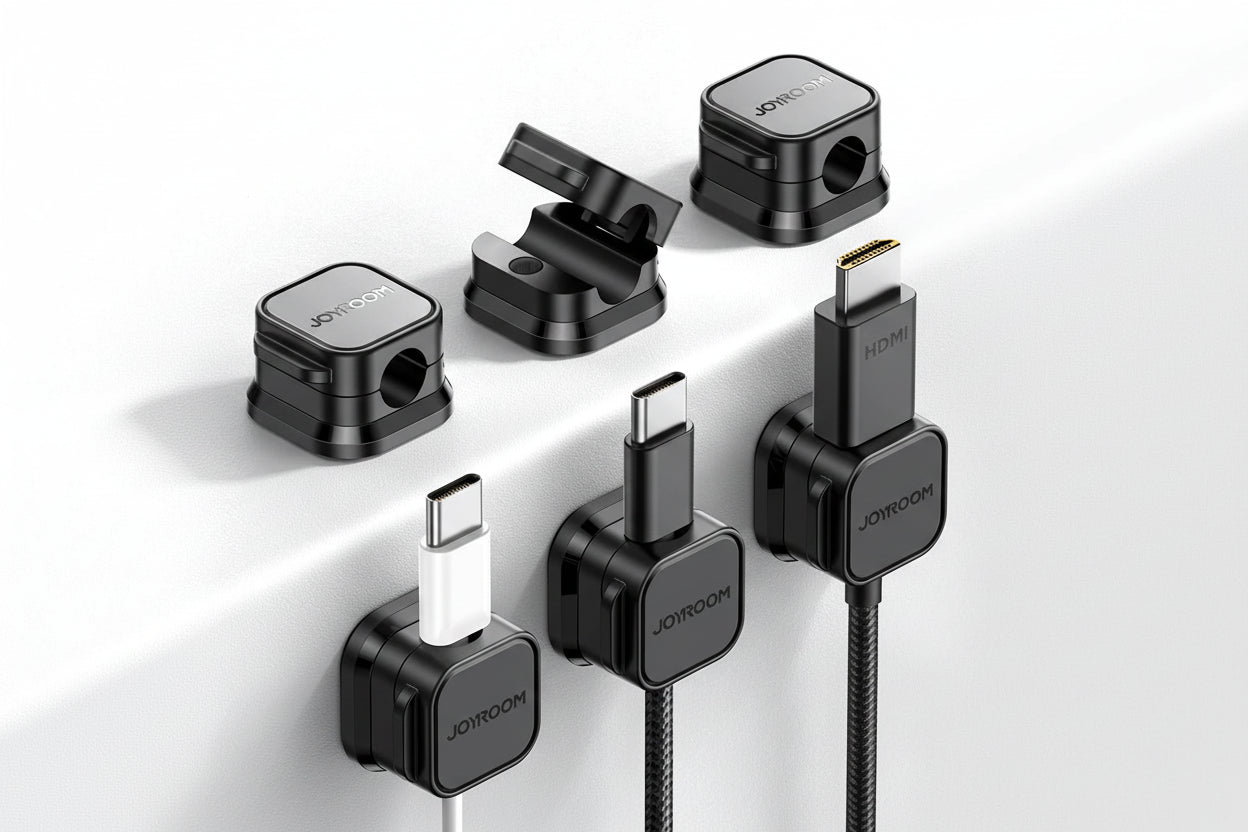 Set of JOYROOM electronic connectors and cables on a white background