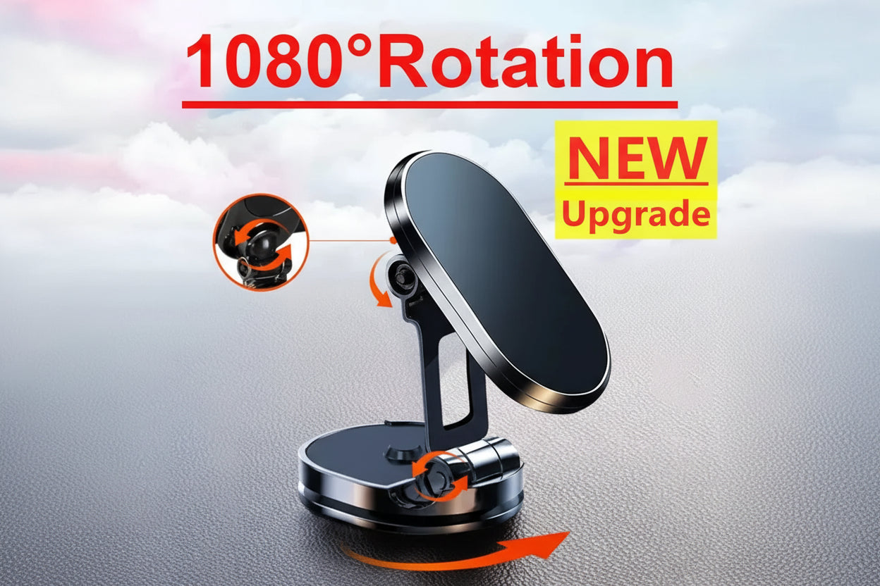 1080-degree rotation car phone holder with 'NEW Upgrade' label on a gray background