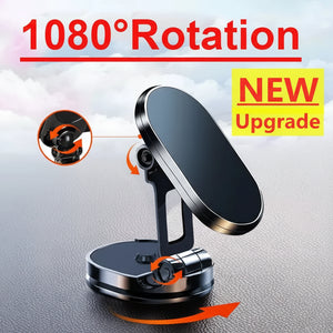 1080-degree rotation car phone holder with 'NEW Upgrade' label on a gray background