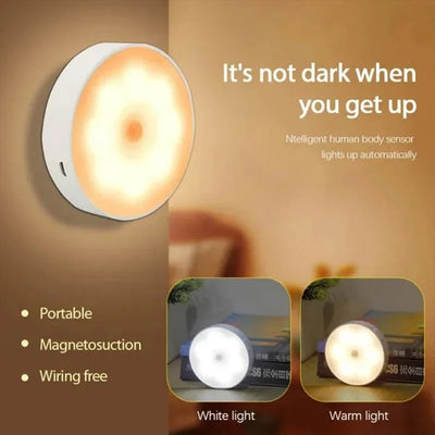 Round night light with text highlighting features on a brown background